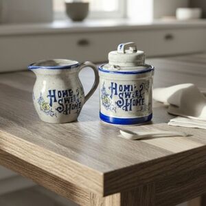 Vintage Stoneware Cream and Sugar Set Cottagecore Home Sweet Home Blue Crock
